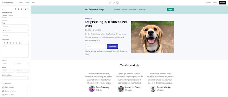 Landing page adding testimonials