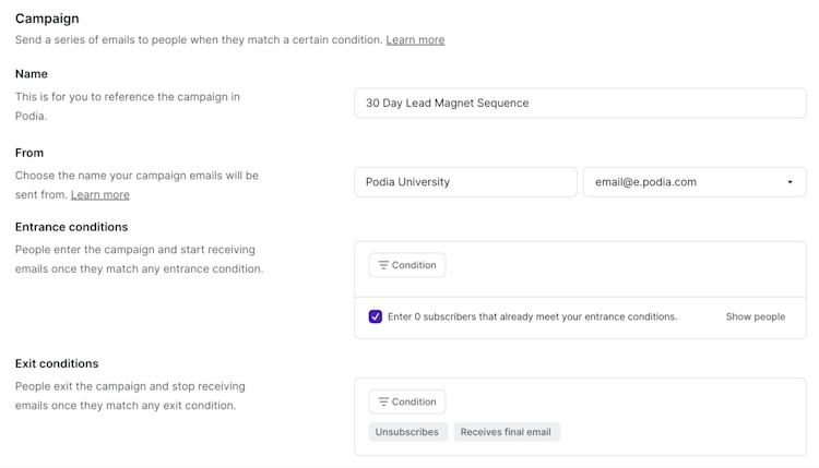 Lead magnet campaign in Podia Email
