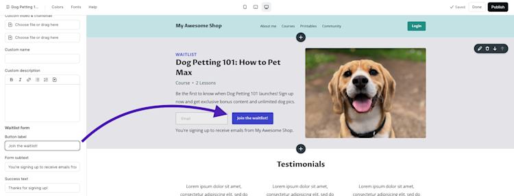 Landing page edit button text