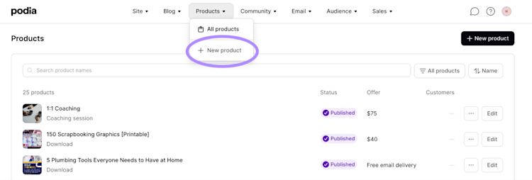 Add a new product in Podia