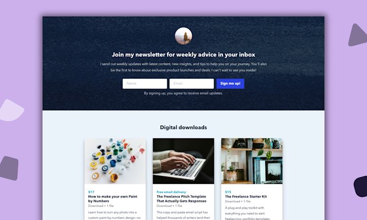Podia is the best platform for building your email newsletter and selling digital downloads because everything is connected out of the box. You can also set up a website, blog, and other types of products like courses, coaching, and community so you don't have to move as your business grows. 