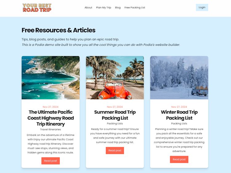 Podia example of website with blog posts